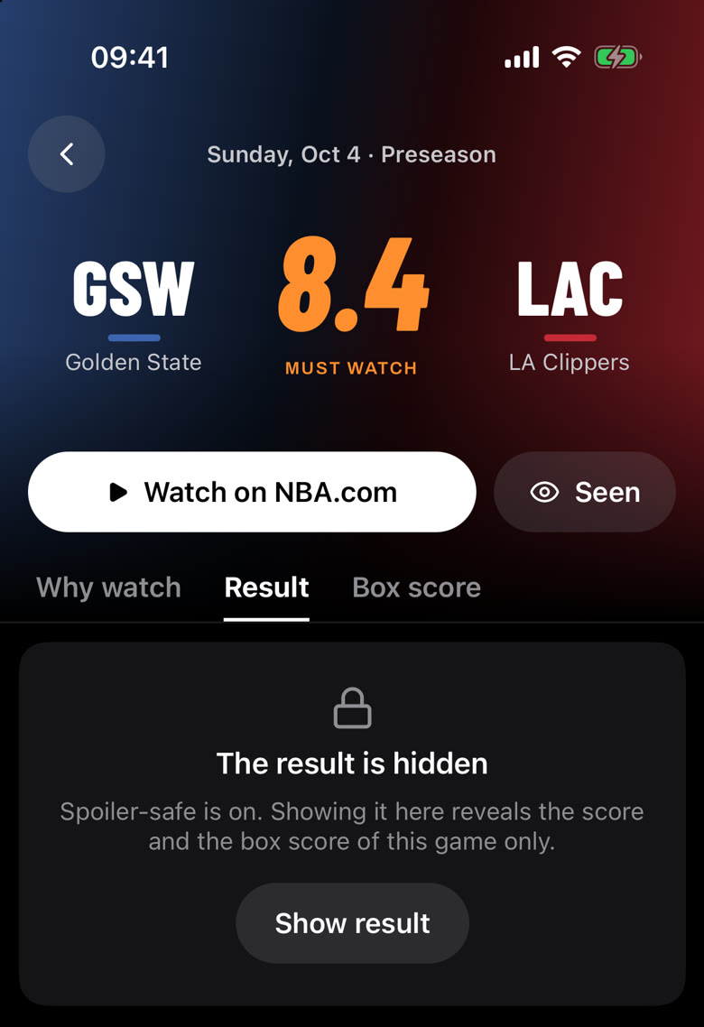 A game in the HoopRate app: the rating is shown, the result stays hidden behind a button labelled Show result.