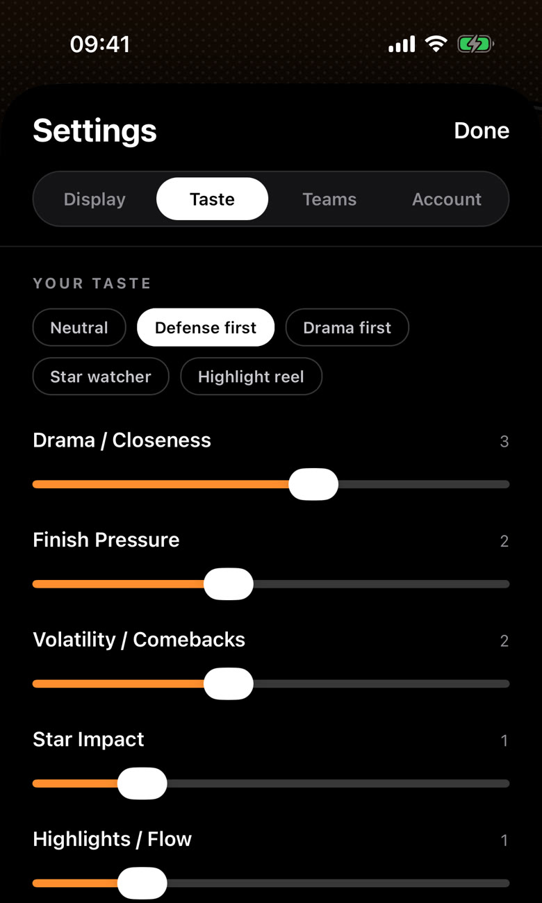 The taste settings in the HoopRate app: five presets, with Defense first chosen, above one slider for each of the seven criteria.